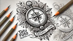Детальный черно-белый эскиз татуировки с изображением компаса, обвитого лентой с надписью, и окруженного декоративными элементами, такими как звезды и завитки.