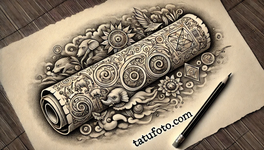 снится татуировка - A pencil sketch tattoo design featuring an ancient scroll, from which images of animals, flowers, and geometric symbols unfurl. The drawing emphasizes tatufoto.com 005