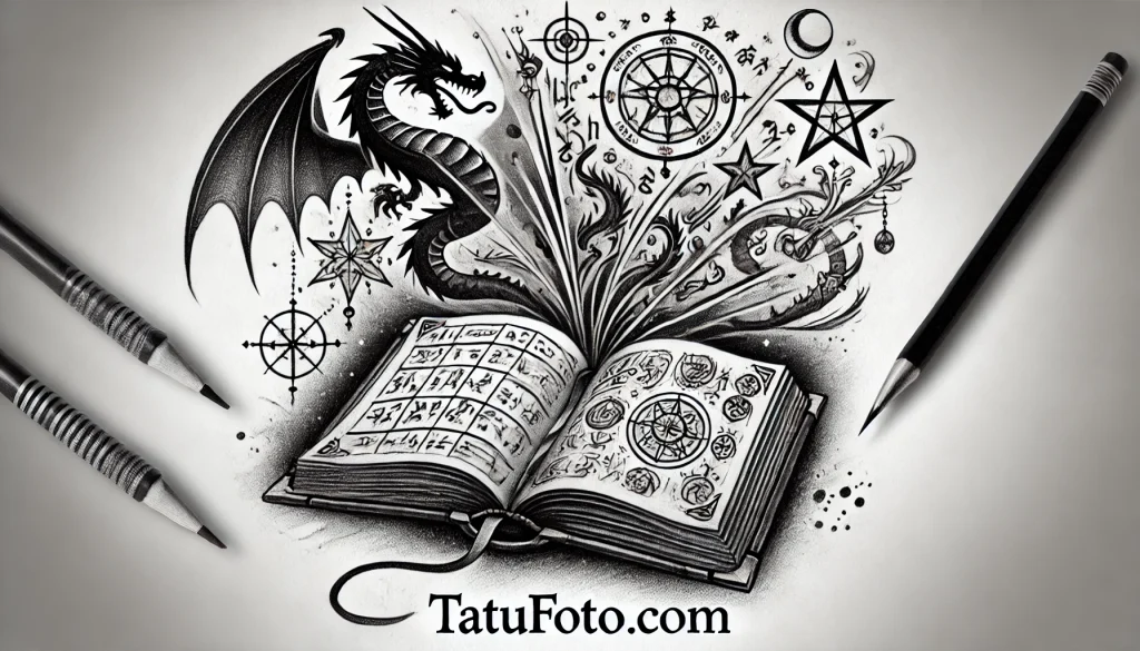снится татуировка - A pencil sketch tattoo design featuring an open book filled with mysterious symbols, with tattoos of dragons, stars, and inscriptions flowing out from tatufoto.com 010