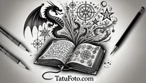 Детальный черно-белый эскиз татуировки с изображением дракона, обвивающего раскрытую книгу, окруженную магическими символами и мистическими элементами.
