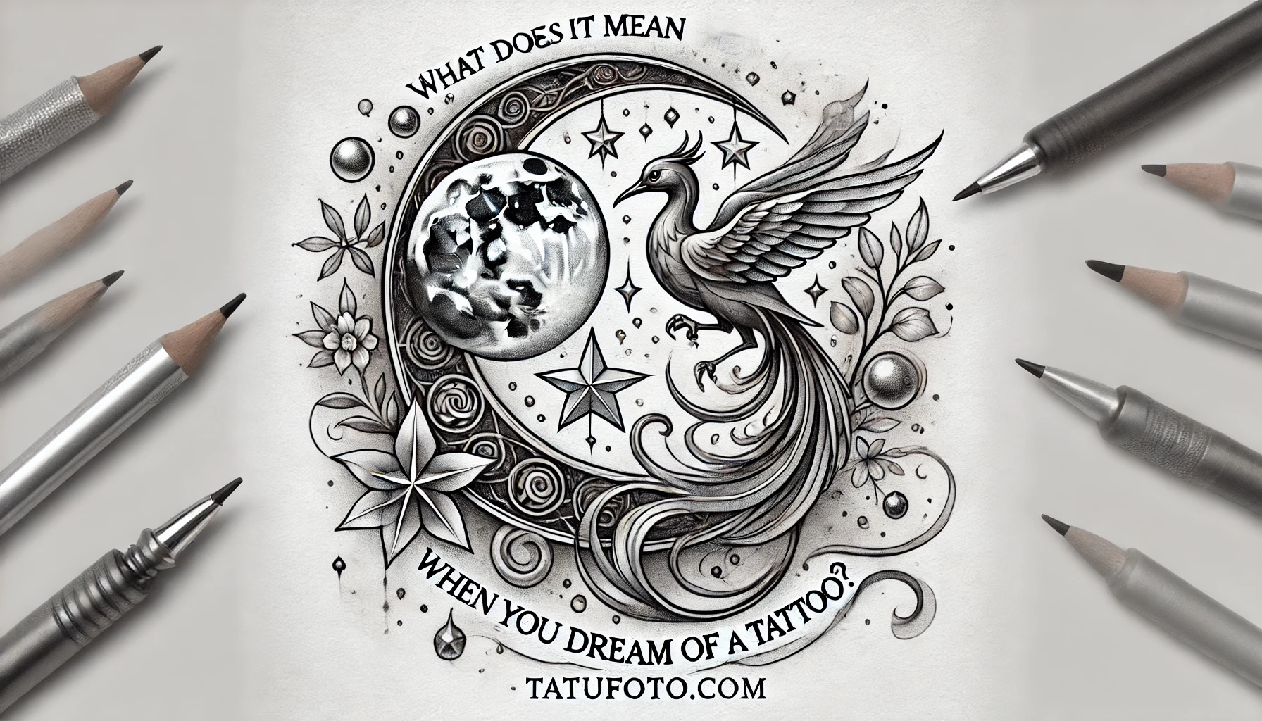 снится татуировка - A pencil sketch tattoo design with a mystical theme a composition featuring the moon, stars, and a phoenix bird. In the center, an elegant inscriptio tatufoto.com 000