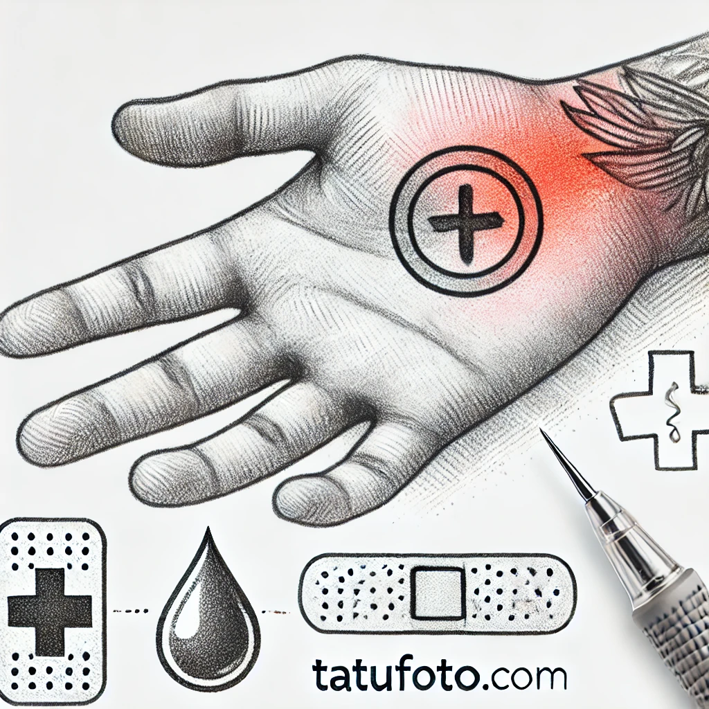 Влияние тату и пирсинга на организм - Pencil sketch of a hand showing redness around a fresh tattoo in the shape of a minimalist symbol. Nearby are medical icons a bandage and a drop of a tatufoto.com 006