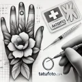 Влияние тату и пирсинга на организм - Pencil sketch of a hand with a detailed tattoo of a flower featuring gradient lines, alongside a small piercing needle inserted into an ear. Surroundi tatufoto.com 000