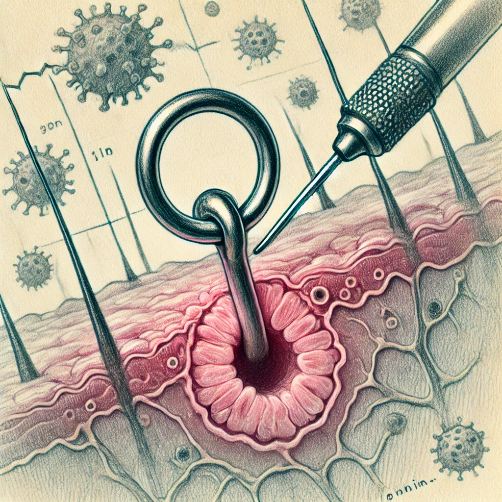 Влияние тату и пирсинга на организм - Pencil sketch of a microscopic view of a skin piercing with an earring in place. The illustration shows cells rushing to the piercing site to 'heal' t tatufoto.com 010
