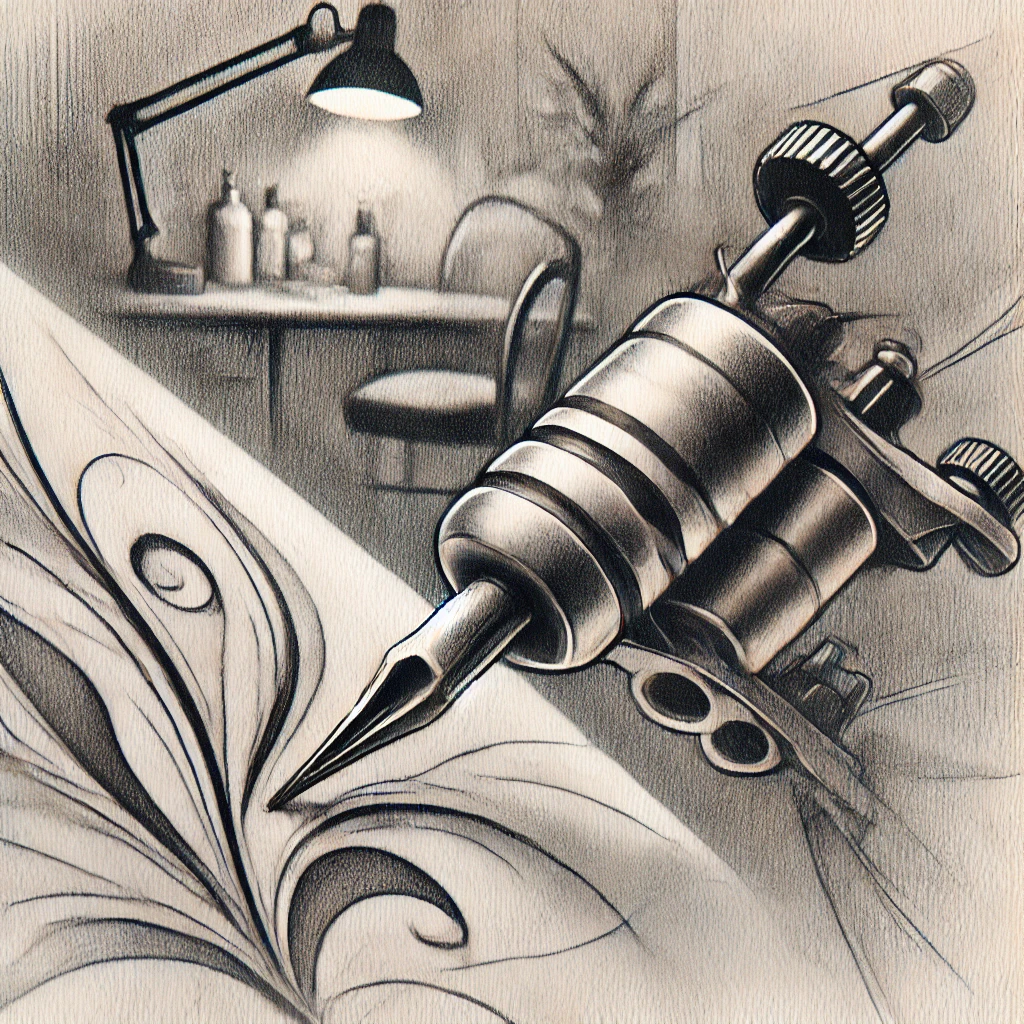 Влияние тату и пирсинга на организм - Pencil sketch of a tattoo machine in close-up, actively working. Ink lines flow from the machine, forming the silhouette of a flower on the skin. The tatufoto.com 002