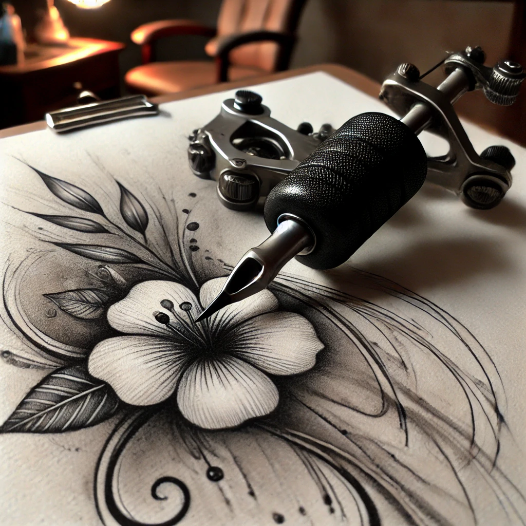Влияние тату и пирсинга на организм - Pencil sketch of a tattoo machine in close-up, actively working. Ink lines flow from the machine, forming the silhouette of a flower on the skin. The tatufoto.com 003