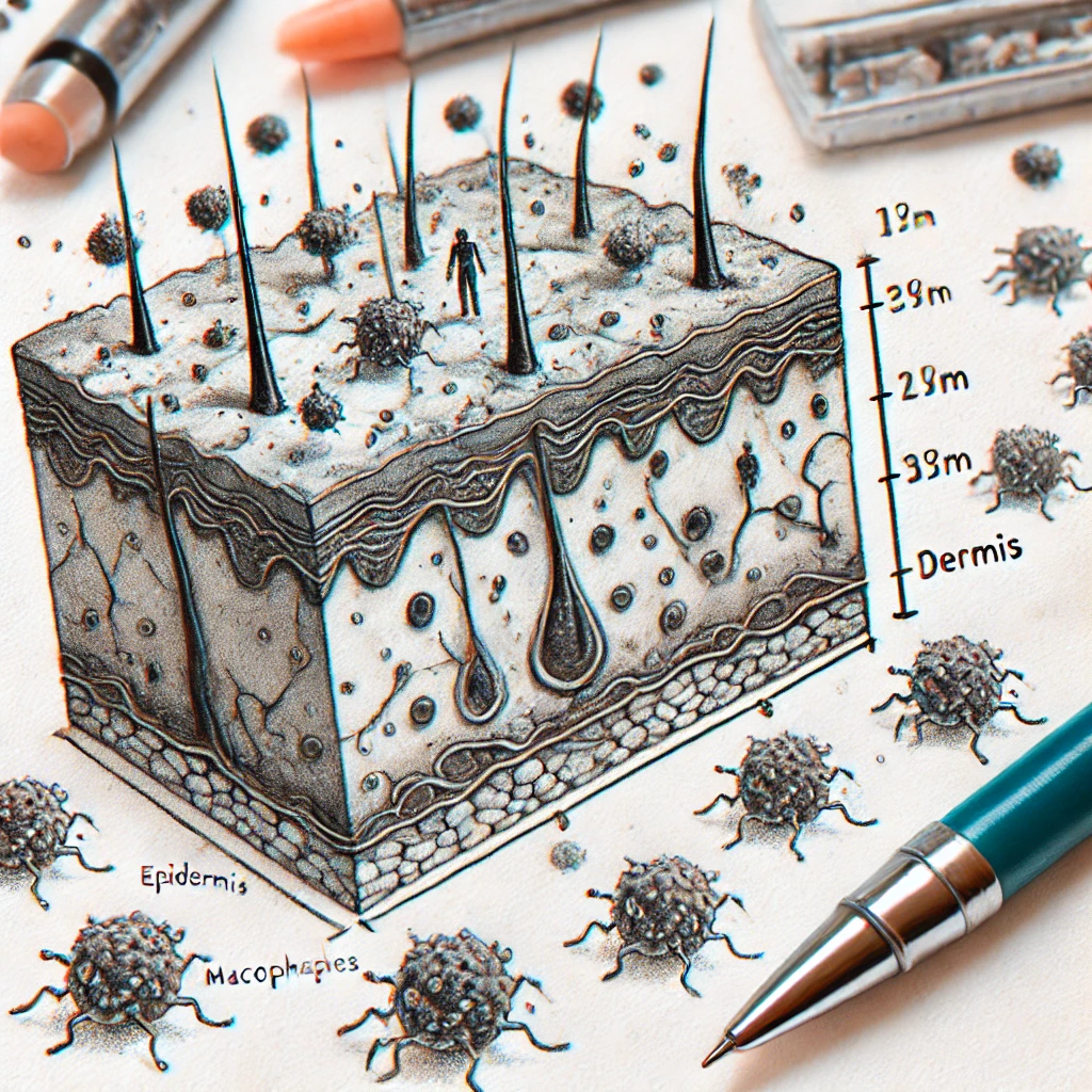 Влияние тату и пирсинга на организм - Pencil sketch of skin layers magnified to show how ink is distributed beneath the surface in the epidermis and dermis. tatufoto.com 004