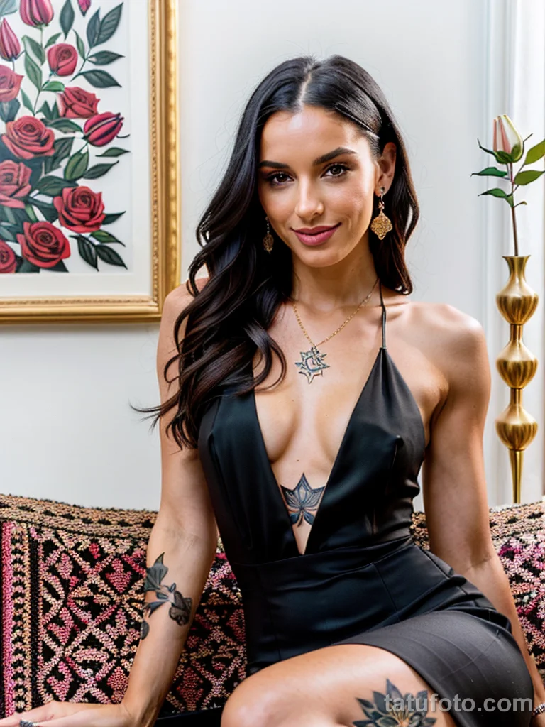 Девушка с тату A beautiful slender woman with a sophisticated aura her body adorned with artistic tattoos of roses and lilies wearing a slee tatufoto.com 005