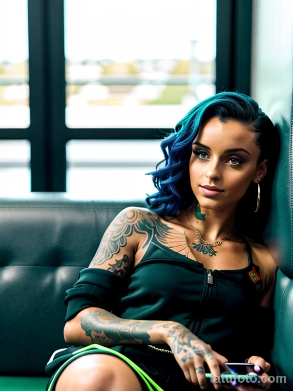Девушка с тату играет онлайн A young woman in a stylish tracksuit, tattoos on her shoulders and forearms, sitting on a couch with her phone, a glowing screen tatufoto.com 007