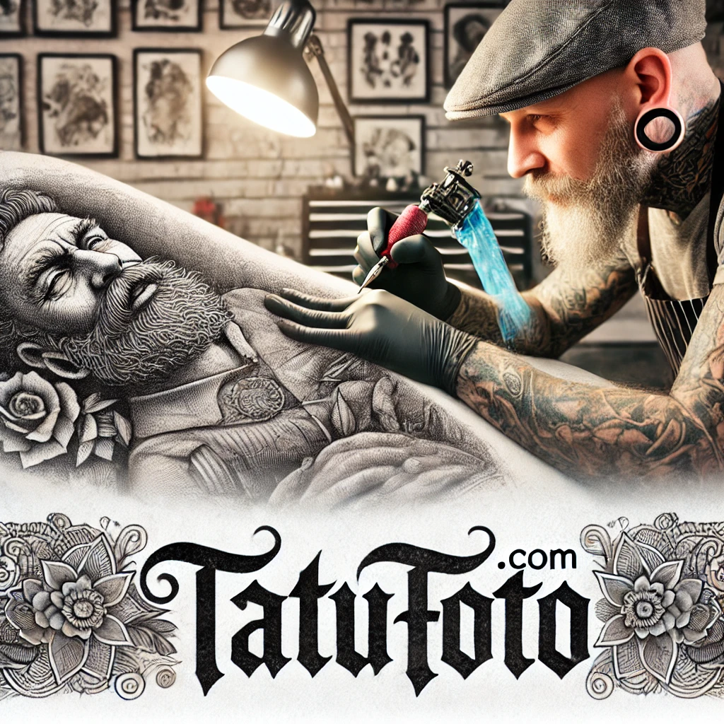 Коррекция тату - Pencil tattoo sketch a large depiction of a tattoo artist working on correcting an old design on a client’s arm. In the background, a modern tattoo s tatufoto.com 000