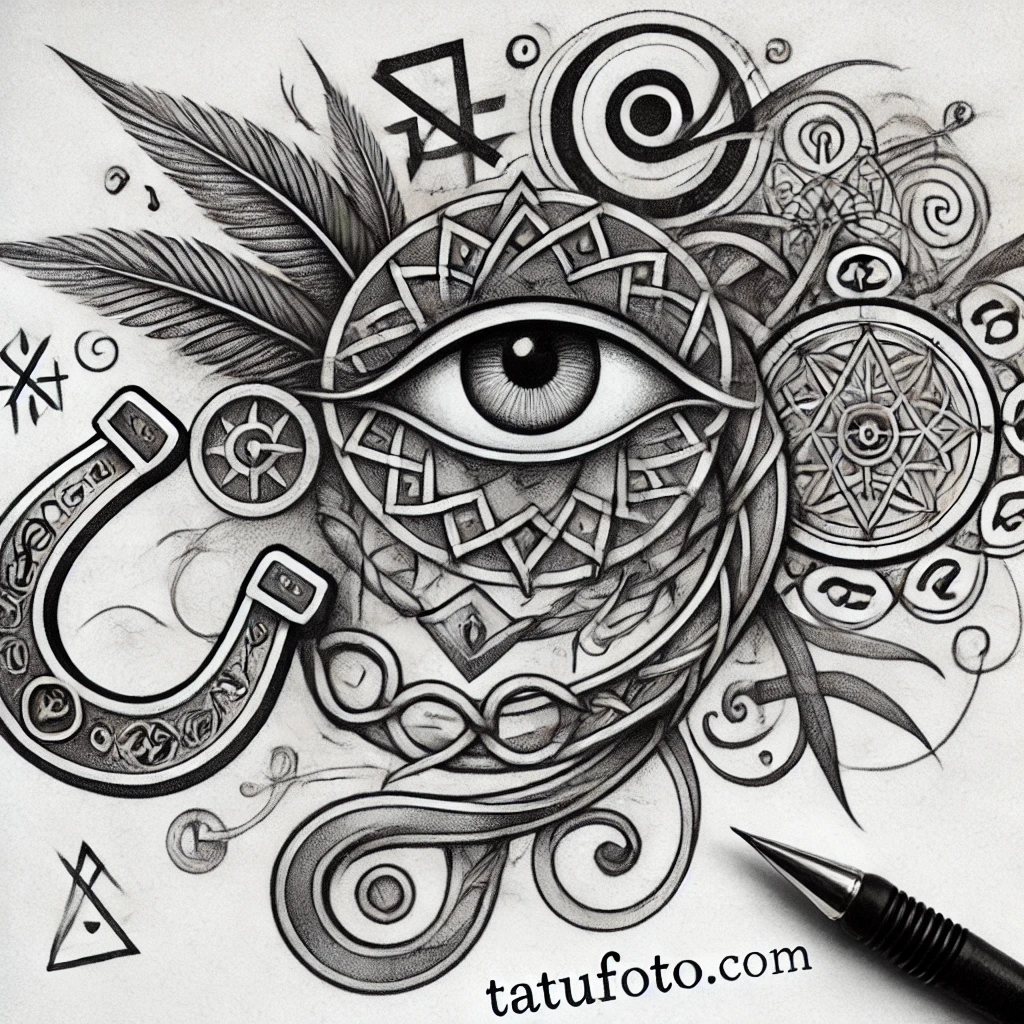 Магические тату - Pencil sketch a composition of popular tattoo symbols including the Eye of Horus, a mandala, runes, and a horseshoe, connected in a dynamic design. M tatufoto.com 007