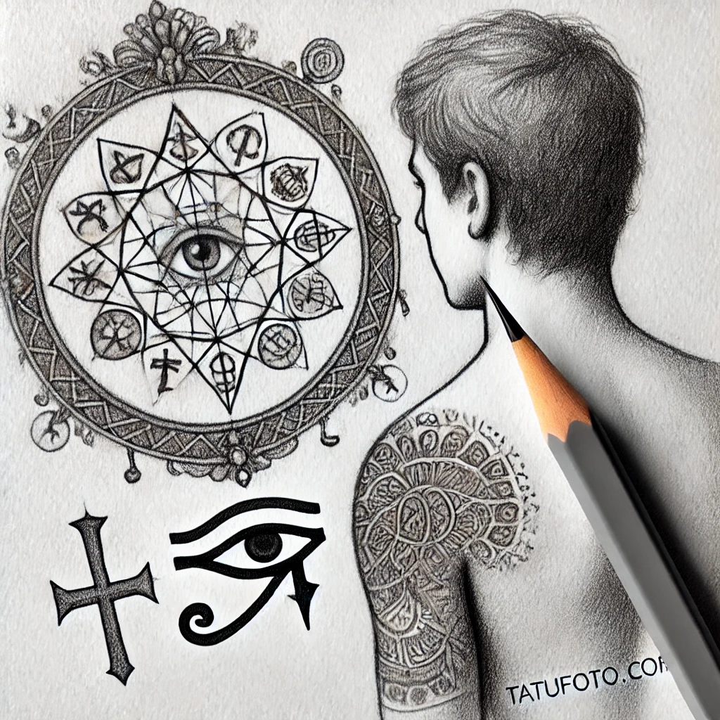Магические тату - Pencil tattoo sketch a person standing in front of a mirror, with their reflection showing tattoo symbols like runes, a mandala, and the Eye of Horus tatufoto.com 010