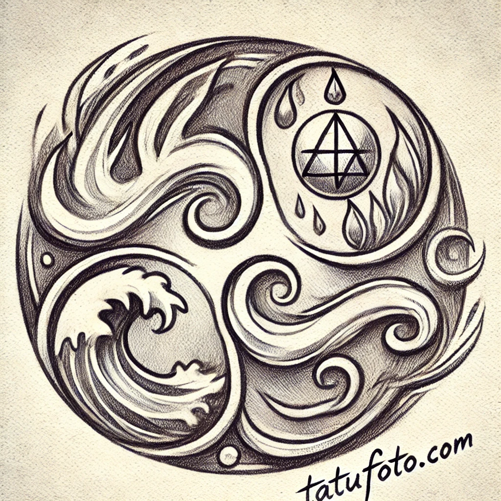 Магические тату - Pencil tattoo sketch a stylized depiction of the four elements—fire, water, earth, and air—represented as symbols enclosed within a circle. Dynamic l tatufoto.com 009