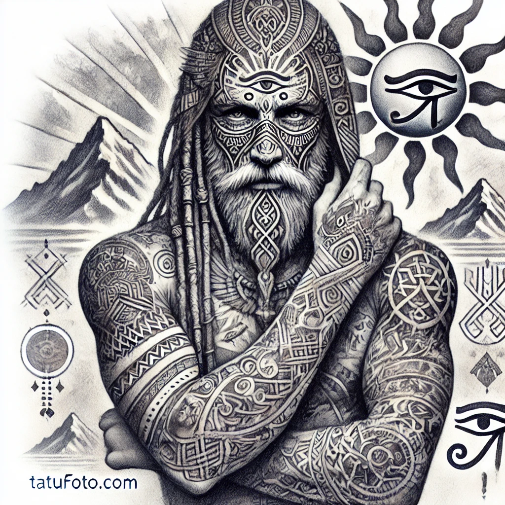 Магические тату - Pencil tattoo sketch an ancient shaman covered in tattoos featuring Celtic knots, the Egyptian Eye of Horus, and Polynesian patterns. In the backgrou tatufoto.com 004