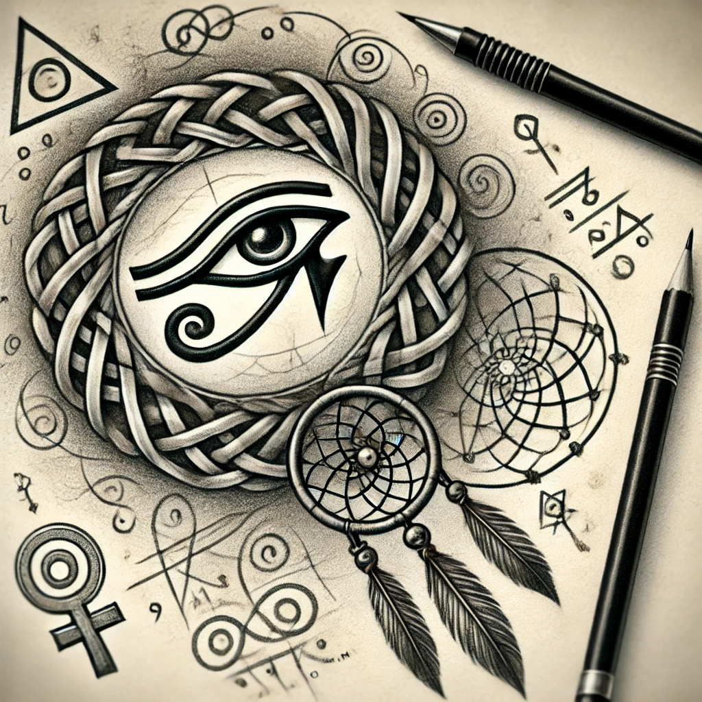 Магические тату - Stylish pencil tattoo sketch magical symbols such as the Eye of Horus, runes, Celtic knots, and a dreamcatcher seamlessly intertwined in an elegant c tatufoto.com 000