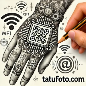 Фото тату на руке, изображающее кибернетическую руку с элементами Wi-Fi, QR-кодом и микросхемами. Детализированный рисунок в стиле киберпанк.