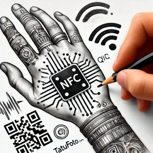 Фото тату на руке с изображением чипа NFC, символов Wi-Fi и QR-кода в стиле киберпанк. Детализированный рисунок татуировки.