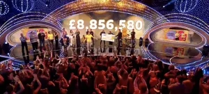 Фото с благотворительного концерта Children in Need. На сцене выступают артисты, а на экране отображается сумма собранных средств. Подчеркивает важность помощи детям.