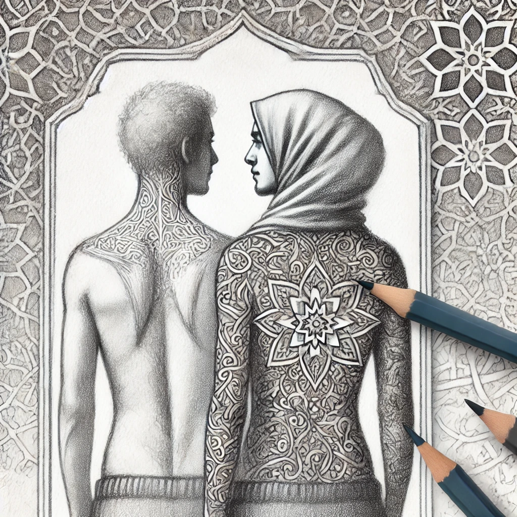 Тату в исламе - Pencil sketch depicting a person looking at their body in a mirror. One side of the reflection shows clear skin, while the other is covered in intrica tatufoto.com 004