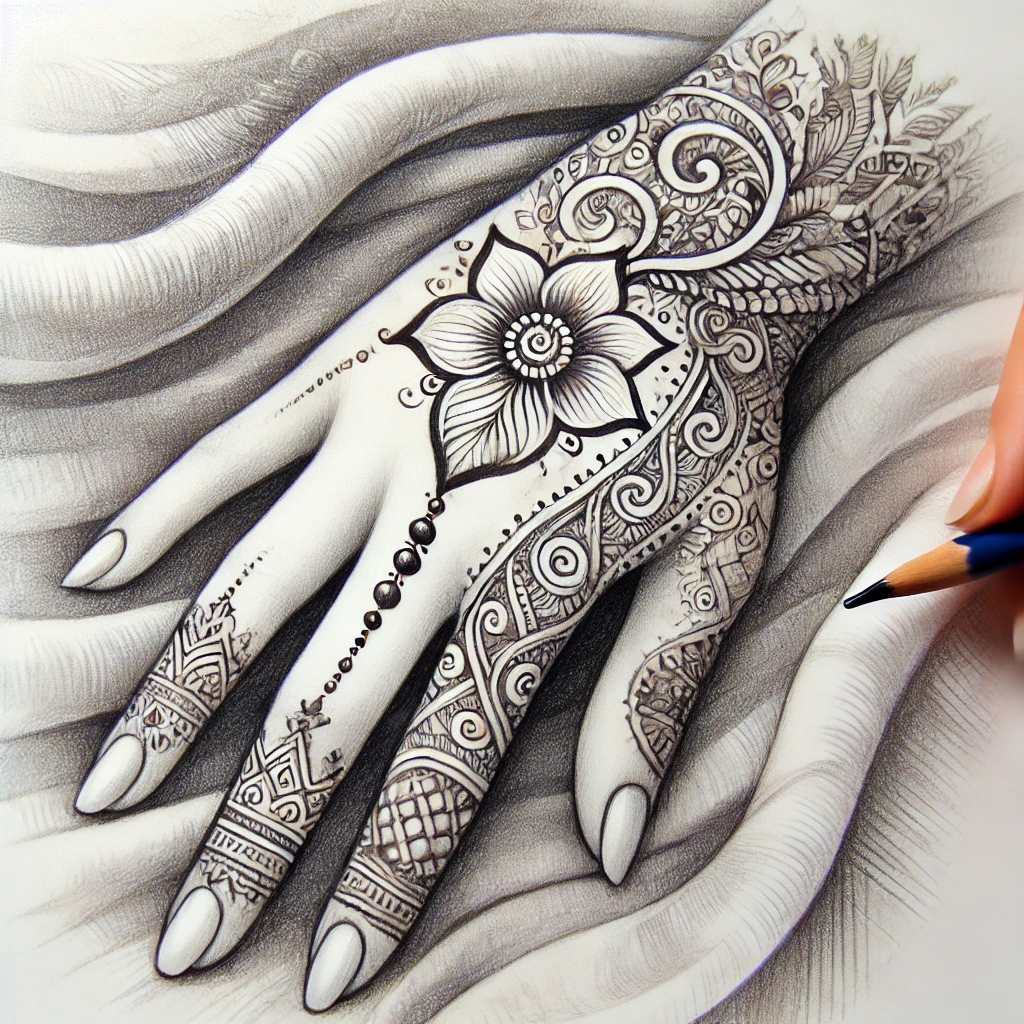 Тату в исламе - Pencil sketch of a hand adorned with an intricate henna design in an Eastern style elaborate patterns intertwined with Arabic calligraphy. The backgr tatufoto.com 010