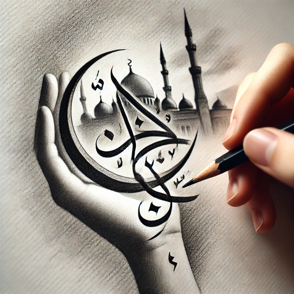 Тату в исламе - Pencil sketch of a hand with a tattoo in the form of Arabic calligraphy written in an elegant font. The calligraphy is shaped into a crescent moon. In tatufoto.com 012
