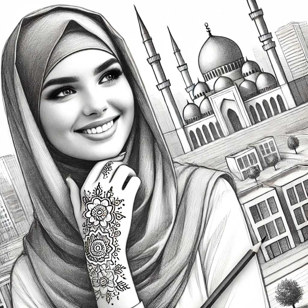 Тату в исламе - Pencil sketch of a modern Muslim woman in a hijab, smiling while showing off a temporary henna tattoo on her hand. The background features a cityscape tatufoto.com 008
