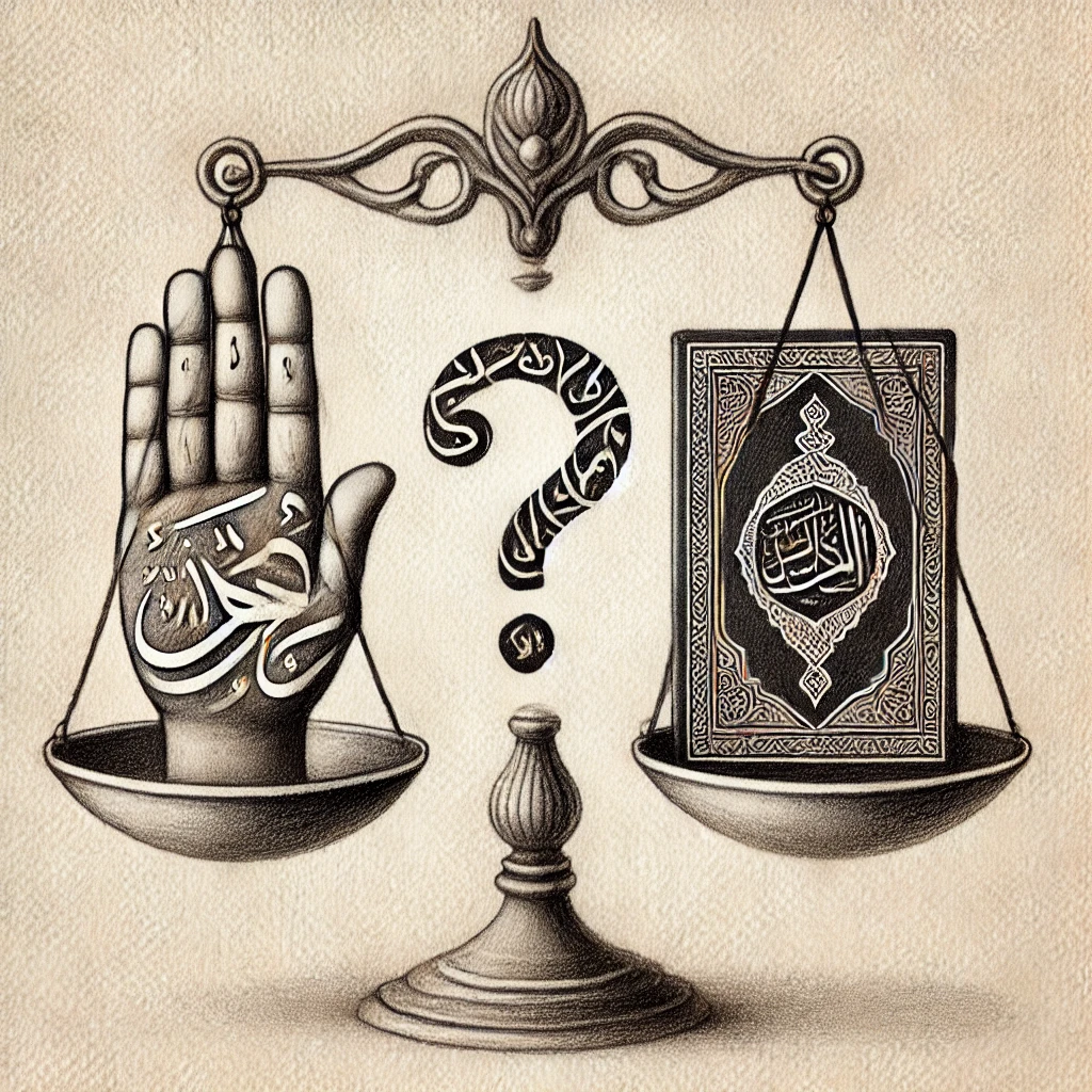 Тату в исламе - Pencil sketch of a set of scales. On one side is a hand with a tattoo, and on the other is the Quran. Between the scales is a question mark formed fro tatufoto.com 016