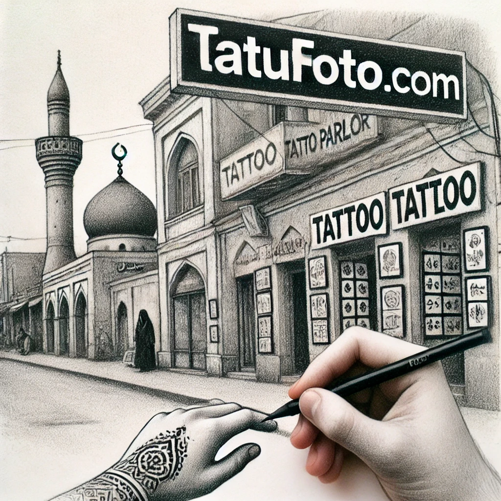 Тату в исламе - Pencil sketch of a street in an Eastern city with a tattoo parlor on one corner and a mosque on the other. In the foreground, a person is examining th tatufoto.com 014