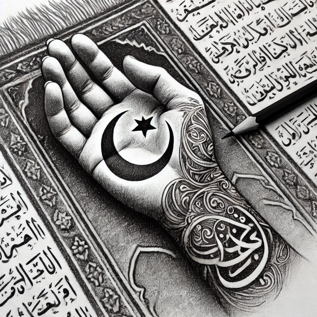 Тату в исламе - Pencil sketch of two contrasting symbols a hand with a tattoo and a prayer rug. The hand features a crescent moon tattoo, while the background hints tatufoto.com 003