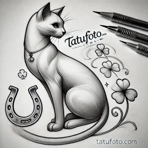 Черно-белый эскиз татуировки с изображением сидящего кота, клевера и подковы. Детализированный рисунок для вдохновения.