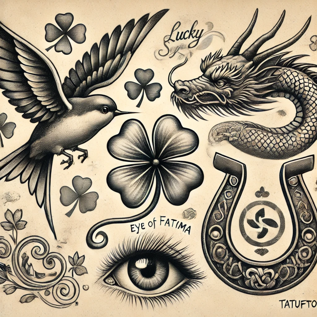 Тату на удачу - Tattoo sketch in pencil drawing style a collage of lucky symbols on a light canvas. Depicts a swallow, a four-leaf clover, a dragon, a horseshoe, and tatufoto.com 000