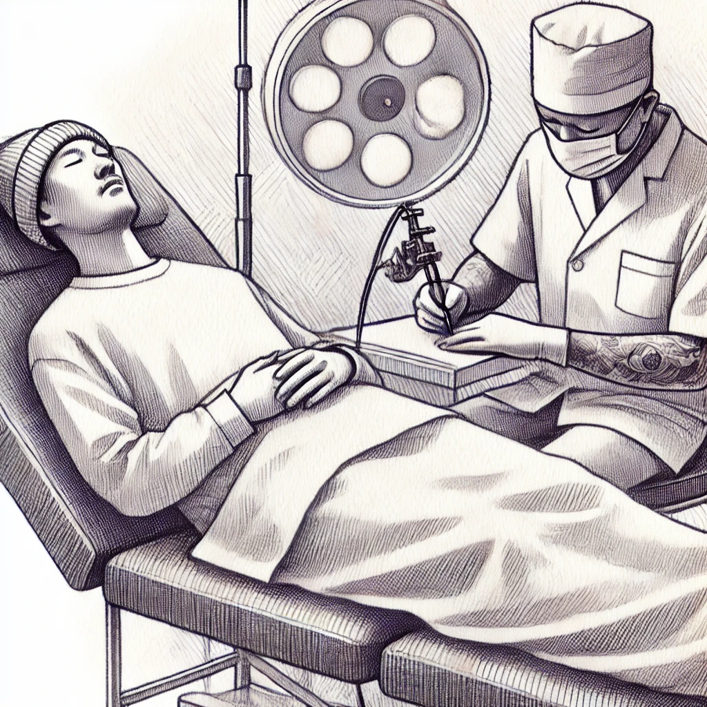 Тату под наркозом - Black-and-white pencil sketch a person sleeping on a medical couch while a tattoo artist wearing a mask works with a tattoo machine. The setting is a tatufoto.com 002