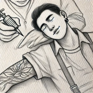 Черно-белый эскиз тату с изображением лежащего мужчины и тату машинки. Мужчина расслаблен и готовится к нанесению татуировки.