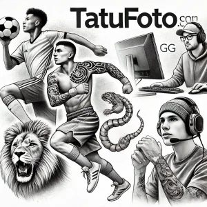 Черно-белое фото тату, сочетающее изображения футболиста, боксера, льва, змеи и геймпада. Динамичная композиция с высокой детализацией.
