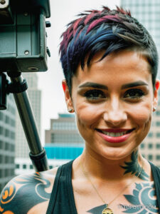 Татуированная крановщица A bold 30-year-old woman with short-cropped hair and striking tattoos of abstract industrial patterns, skillfully maneuvering a tatufoto.com 003