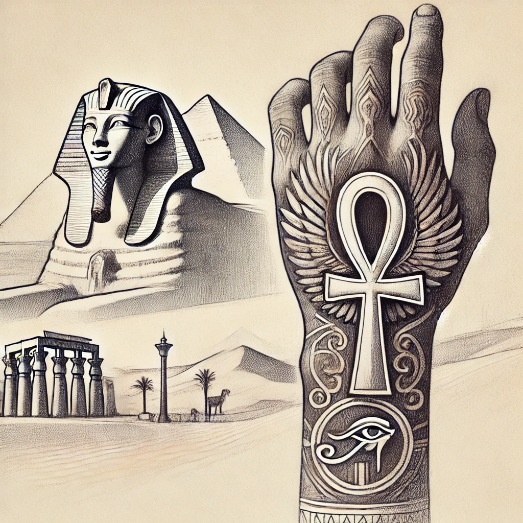 Татуировки фараонов - Pencil sketch of a hand with tattoos of an Ankh and a scarab symbol. In the background, a blurred silhouette of the Sphinx and desert dunes. The drawi tatufoto.com 008
