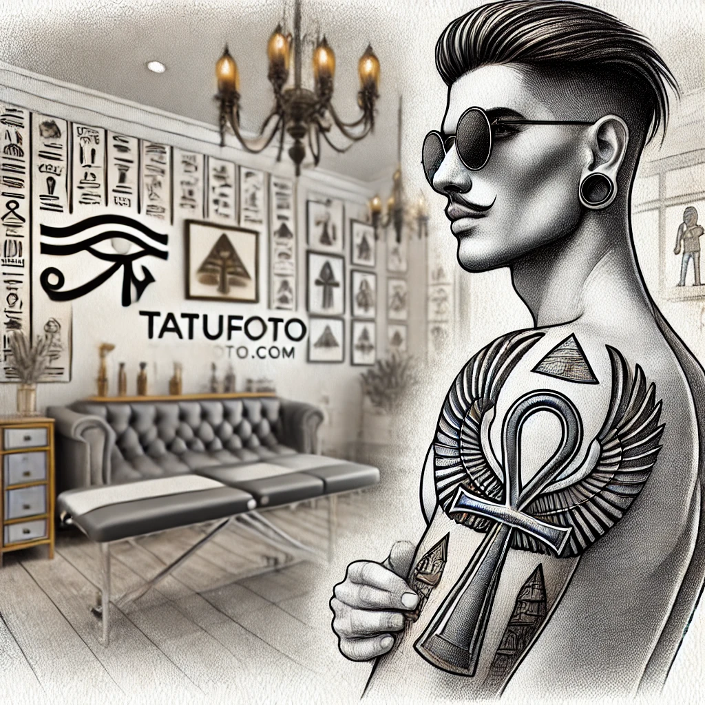 Татуировки фараонов - Pencil sketch of a modern person with an Egyptian-style tattoo (Ankh and scarab) on their forearm. The background shows a stylish tattoo studio inspir tatufoto.com 012