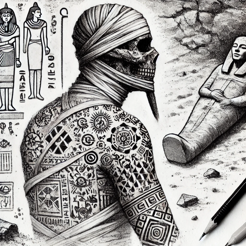 Татуировки фараонов - Pencil sketch of a mummy with tattoos on its shoulder and thigh. The tattoos depict magical symbols and ancient hieroglyphs. The background resembles tatufoto.com 010