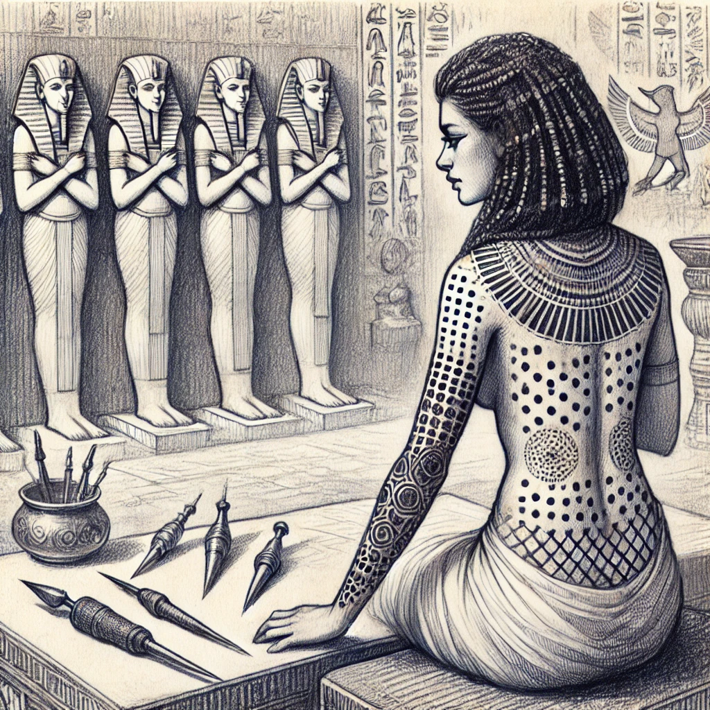 Татуировки фараонов - Pencil sketch of an Egyptian priestess with tattoos consisting of dots and lines on her arms and abdomen. She is seated near an altar depicting gods, tatufoto.com 002