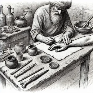 Черно-белое фото тату эскиза, изображающего старинного мастера татуировки, работающего над рисунком, с множеством инструментов и сосудов.