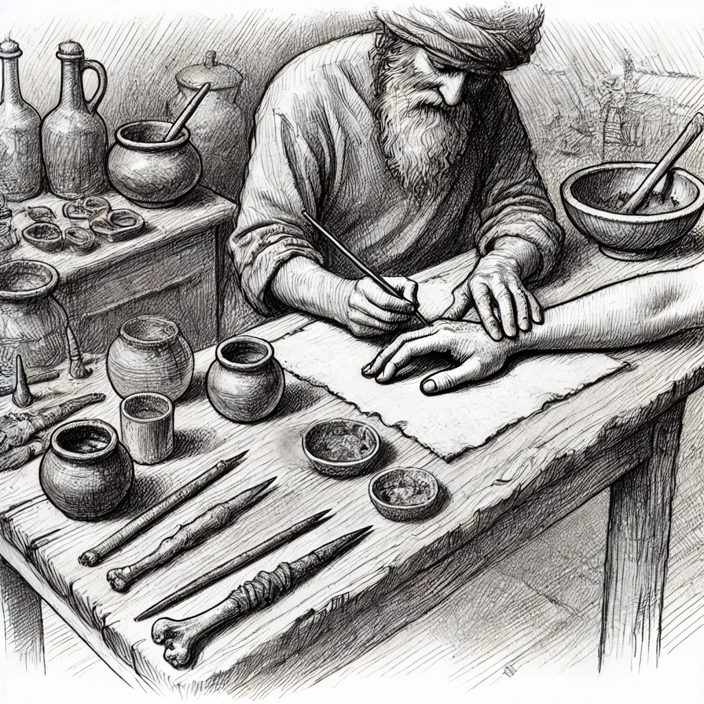Татуировки фараонов - Pencil sketch of the workspace of an ancient tattoo artist a rough table with ink pots, pointed bones, and bowls for pigments. In the corner, an arti tatufoto.com 006
