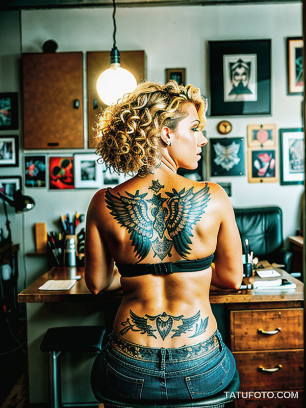 Устаревшие тату A confident woman in her early 34s with honey-blonde curls and an edgy vibe, leaning on a tattoo studio desk, her back visible w tatufoto.com 018