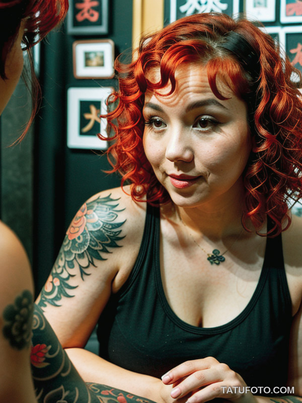 Устаревшие тату A petite woman in her late 31s with curly red hair and fair skin, showing her faded Chinese character tattoo on her arm, while c tatufoto.com 008