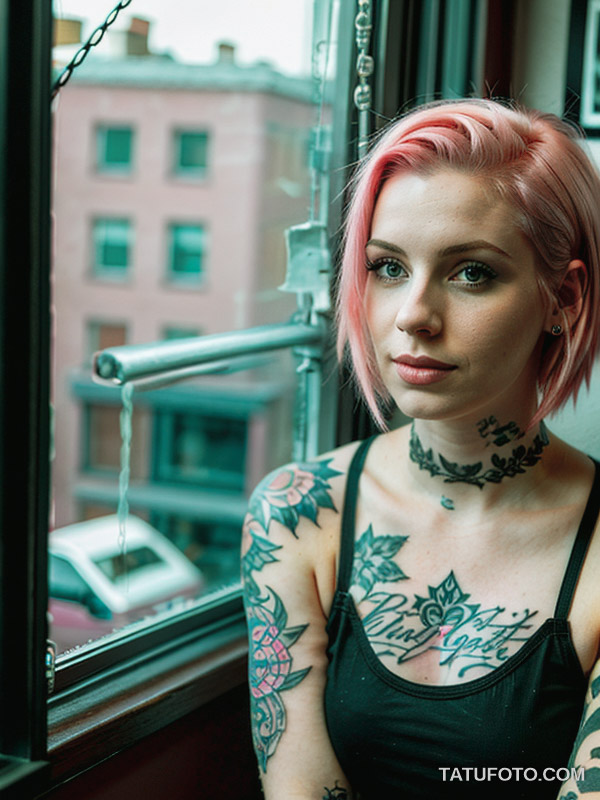 Устаревшие тату A stylish woman in her late 23s with short, dyed pink hair and pale skin, sitting by a window in a tattoo studio, discussing opt tatufoto.com 001
