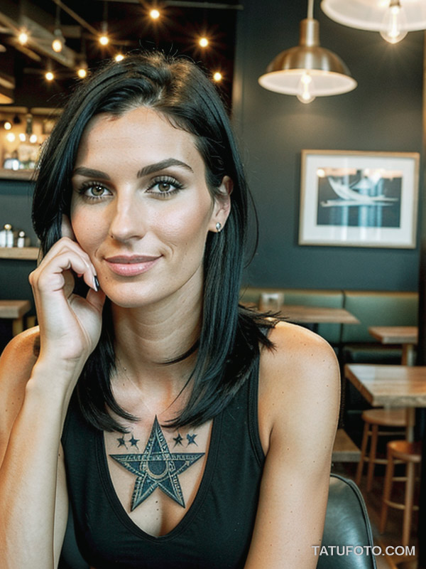 Устаревшие тату A tall, fair-skinned woman in her early 30s with raven-black hair and a sharp jawline, sitting in a trendy café, showing her fad tatufoto.com 021