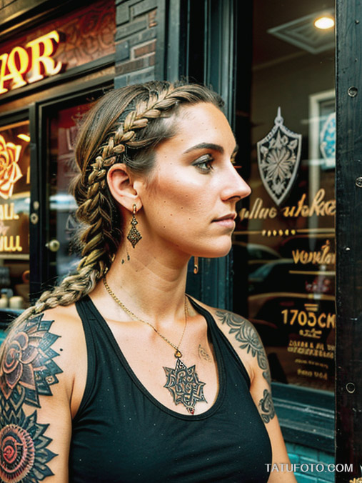 Устаревшие тату A tall woman in her late 25s with bronze skin and braided hair, standing outside a tattoo shop, lifting her sleeve to reveal an tatufoto.com 012