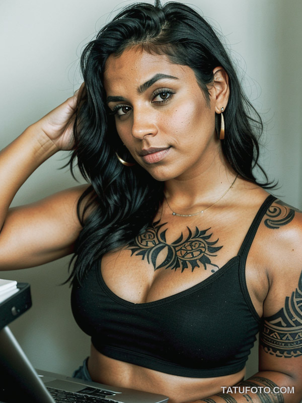 Устаревшие тату A young woman in her late 37s with thick, shoulder-length black hair and tanned skin, scrolling through tattoo inspiration on he tatufoto.com 014