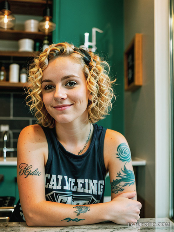 Устаревшие тату A young woman in her mid-24s with short blonde curls and a rocker-chic style, leaning against a counter, displaying her faded in tatufoto.com 011