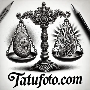 Фотография эскиза татуировки, изображающей весы с драконом и фениксом на чашах. Черно-белый эскиз с высокой детализацией и символическим значением.
