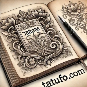Фотография эскиза татуировки, изображающего открытую книгу с надписью 'Tattoo' и декоративными элементами в стиле old school. Черно-белый эскиз с высокой детализацией.